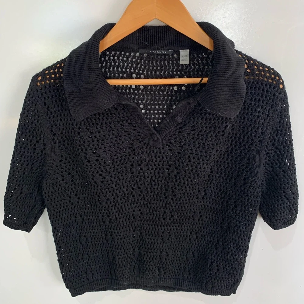 T Tahari Black Open knit Crochet polo Top like new size XL - Picture 1 of 6